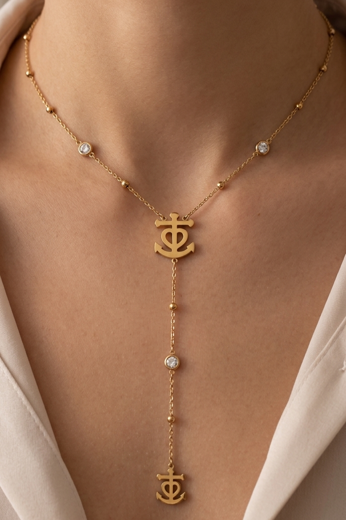 Collier Style Chapelet Croix De Camargue Cristal Strass