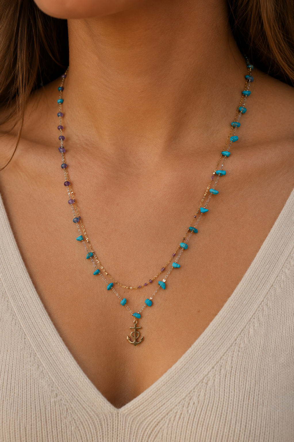 Collier Double Chaîne Perles et Croix de Camargue