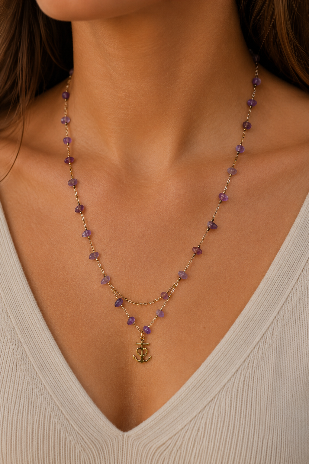 Collier Double Chaîne Perles et Croix de Camargue